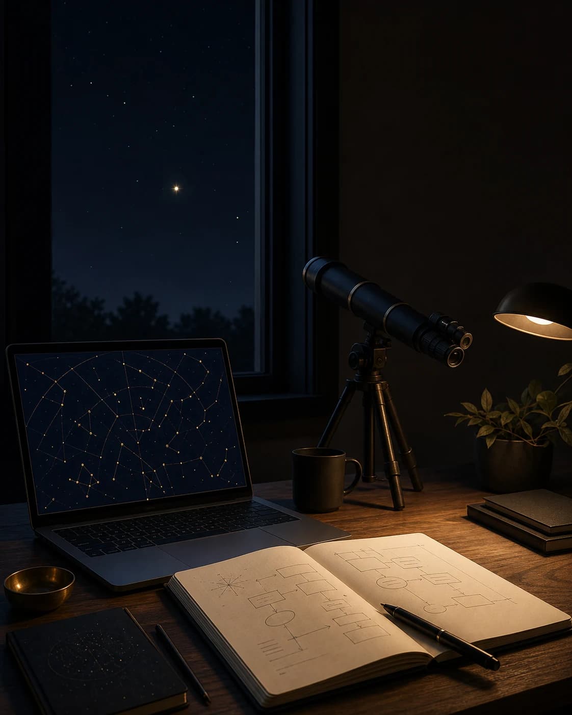 星図画面のノートパソコン、設計ノート、望遠鏡が並ぶStellicaのデジタルスタジオを表した図。