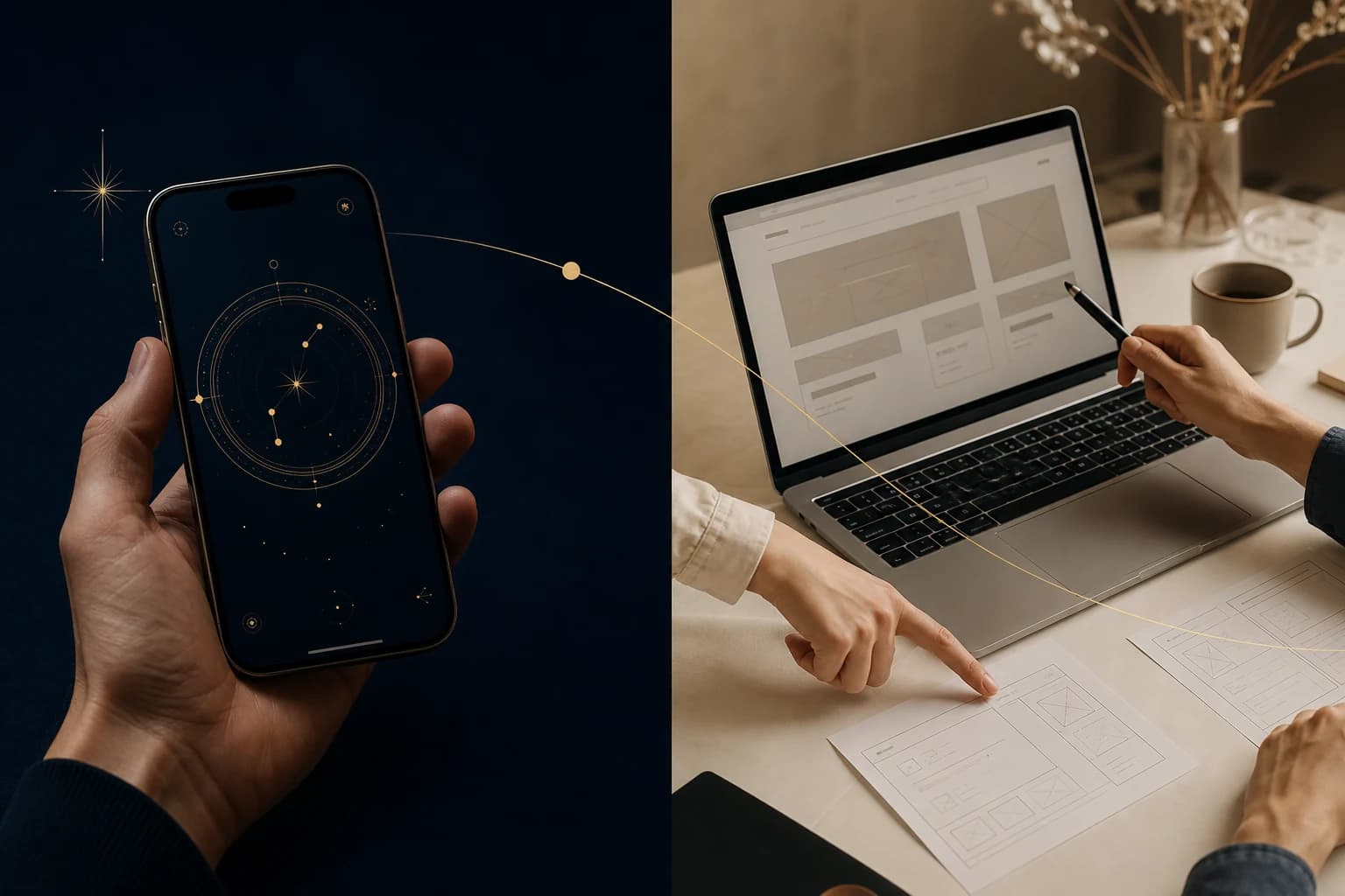 自社アプリを示す星図のスマートフォンと、伴走支援を示すWeb設計の打ち合わせを左右に配置した図。