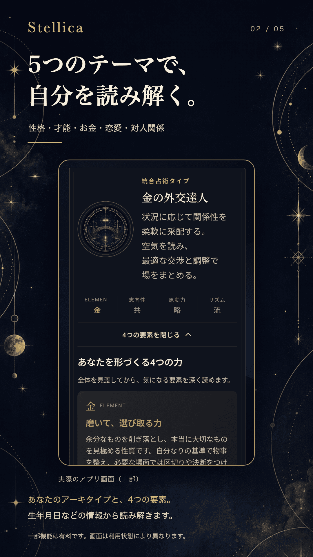 5つのテーマで自分を読み解くStellica。Google Playに掲載中のアプリ紹介画像