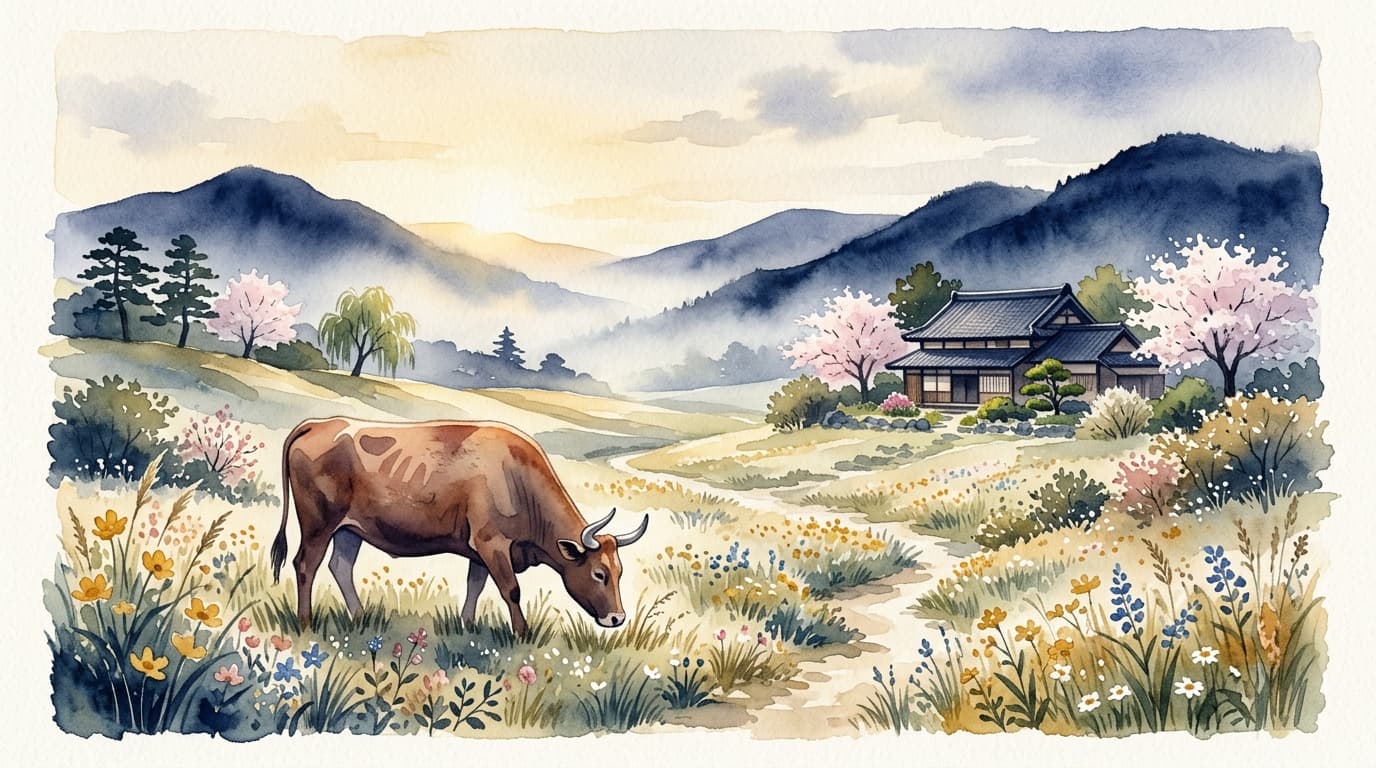 草原で穏やかに過ごす牡牛と春の花を描いた水彩イラスト