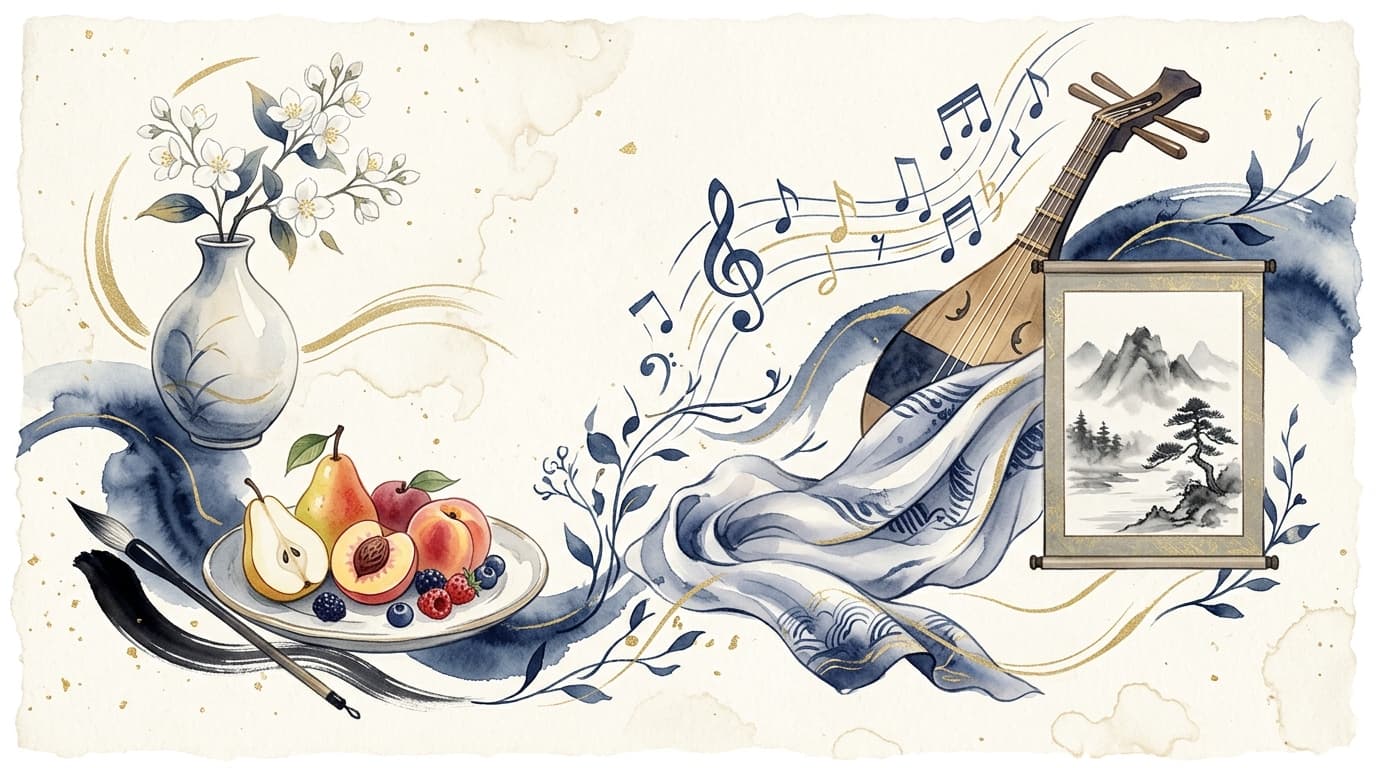 花・果実・絹・音楽・芸術が調和する五感の豊かさを象徴する水彩イラスト