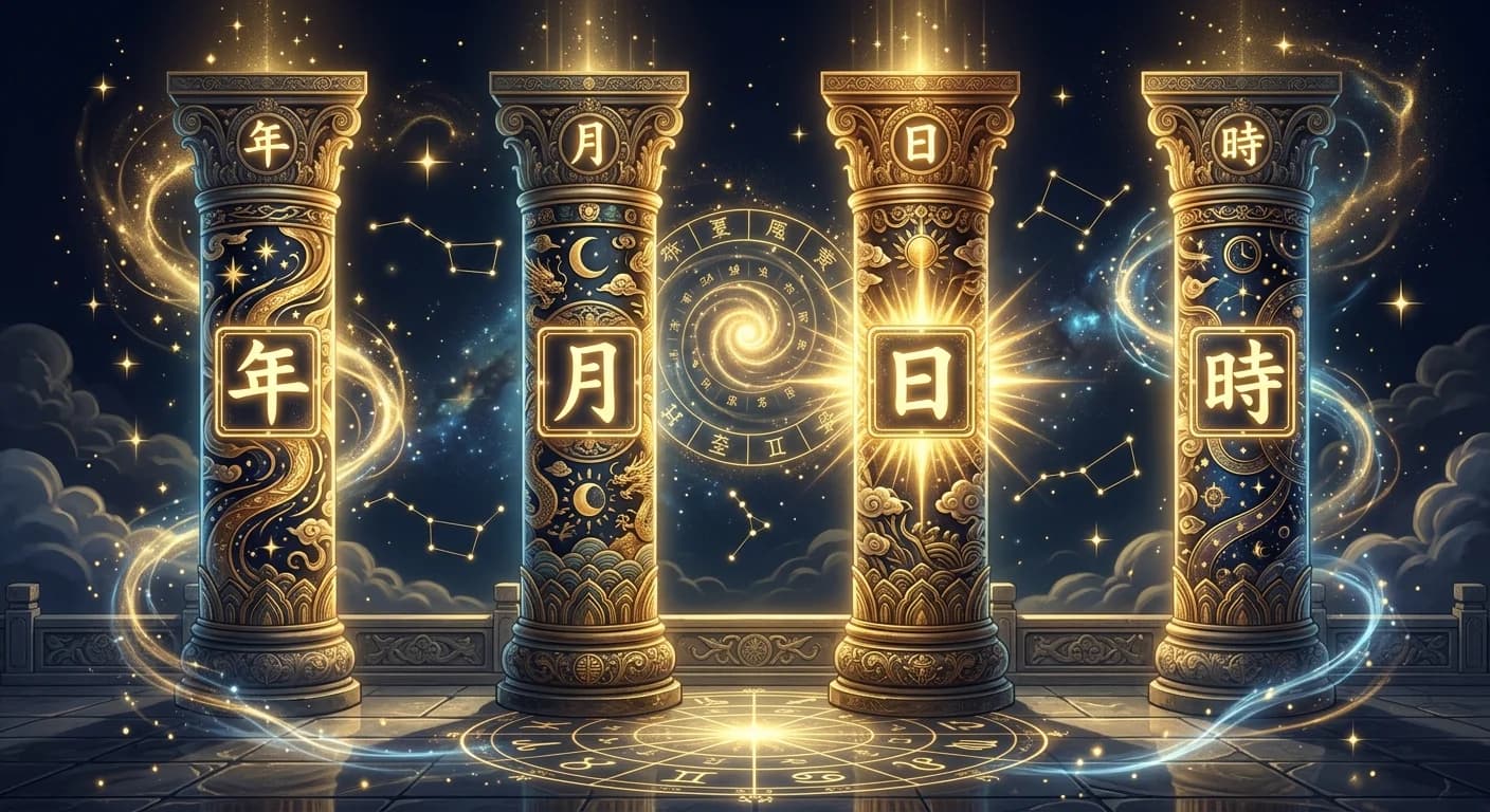 四柱推命の四柱(年柱・月柱・日柱・時柱)を表す幻想的なイラスト