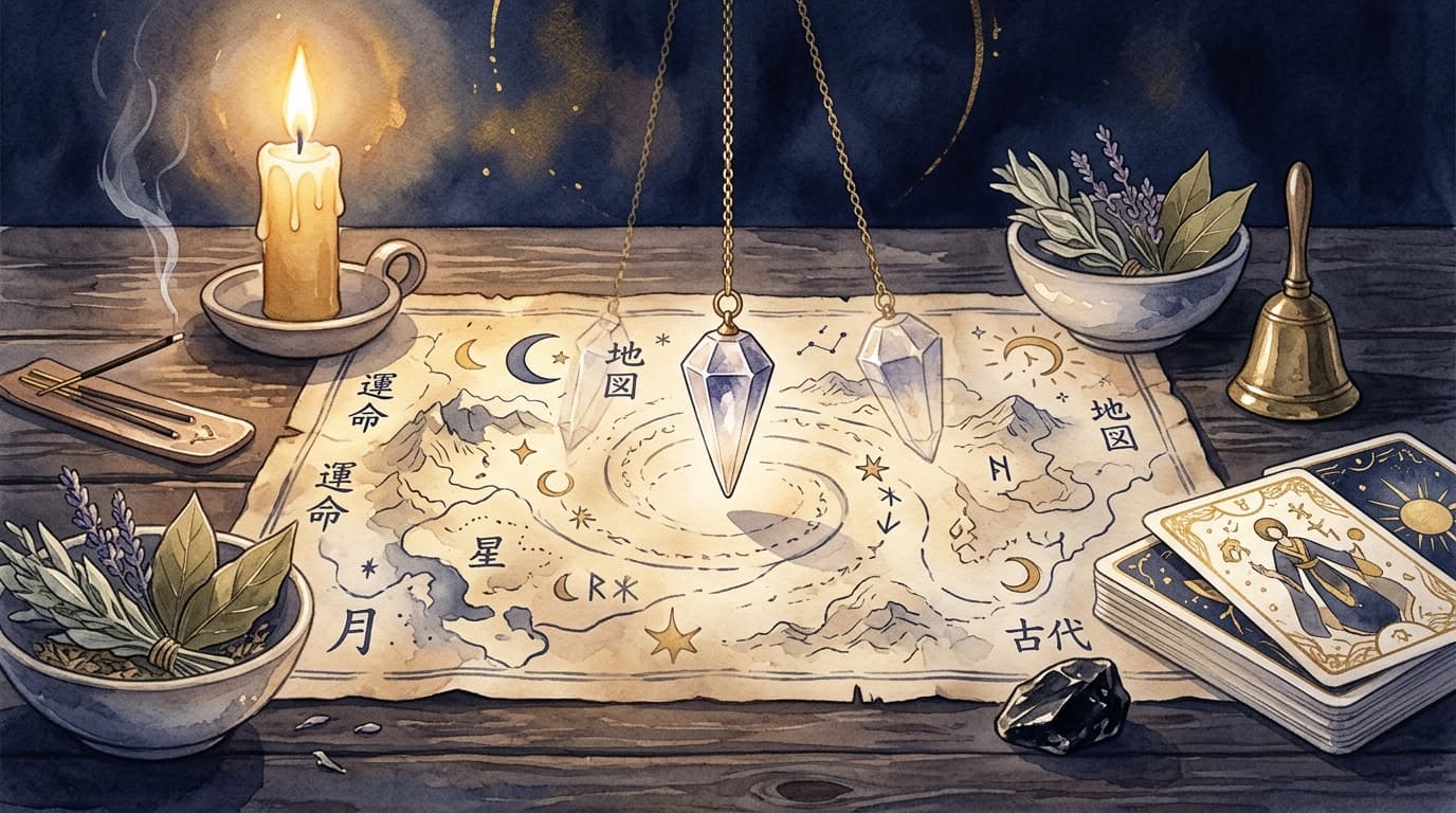 古地図の上で揺れる水晶のペンデュラム—ダウジングの神秘を表す水彩イラスト