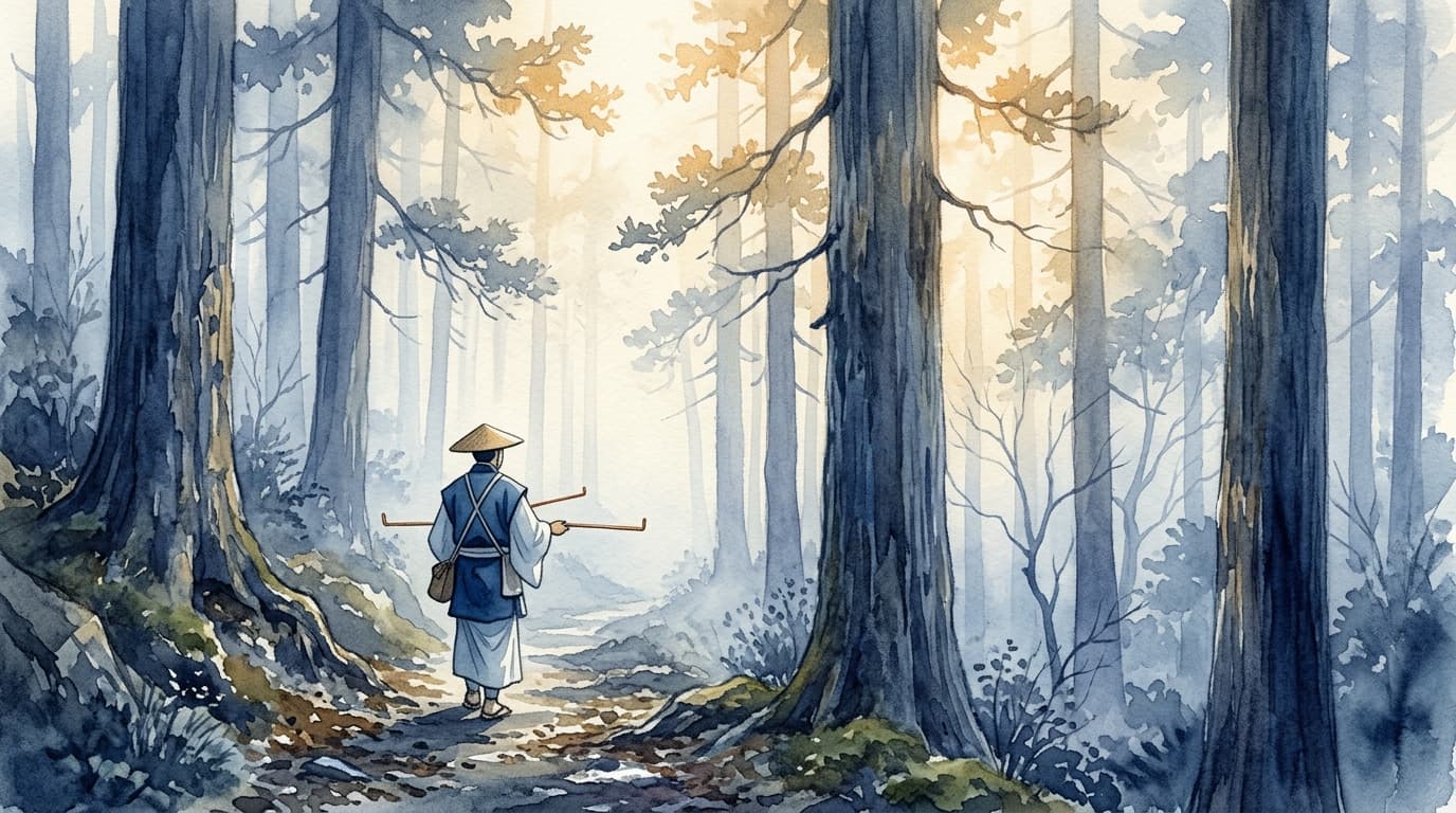 霧の杉林をLロッドで歩くダウザー—水脈探しの現場を描いた水彩イラスト
